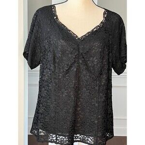 Loft Woman Black Lace Short Sleeve Blouse w/Side Zipper Sz 12W